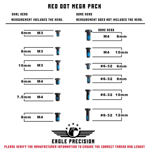 Red Dot Mount Screw Mega Pack with 48 Pcs M3 And M4 Screws for Precision Tools, chart showing screw sizes for Glock G43 G48.