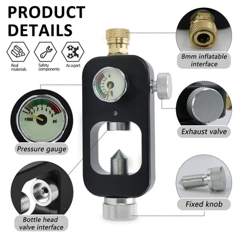 Close-up of DIN Valve Scuba Adapter And PCP Paintball Fill Kit with 4500 PSI air hose showing pressure gauge and valve details