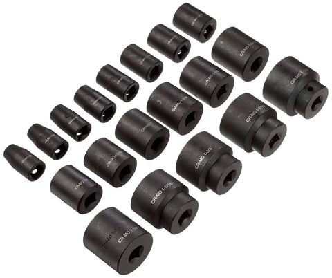 19 Piece One Half Inch Drive 6 Point Shallow Impact Socket Set With Cr-Mo Steel, SAE Size Markings, arranged in rows