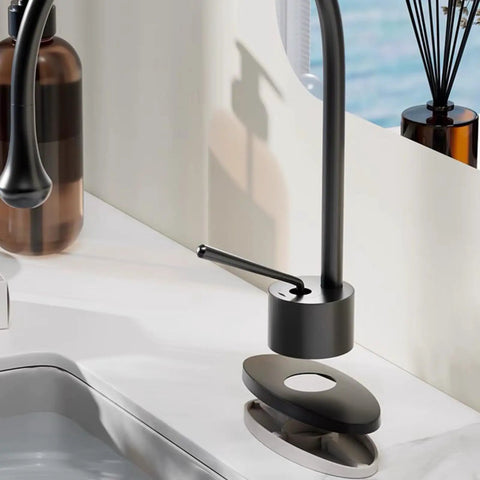Slick Black Stainless Steel Faucet Cover Plate Three Hole Sink Escutcheon above a modern matte black faucet on a countertop.