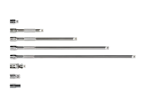 8-Piece One Quarter Inch Drive Accessories Kit With Extensions Three Quarter Inch, Three Inch, Six Inch, Nine Inch, Twelve Inch, Plus Universal Joint, One Quarter Inch To Three Eighth Inch Adapter, And Hex Bit Holder For Easy Garage Fixes arranged linearly.