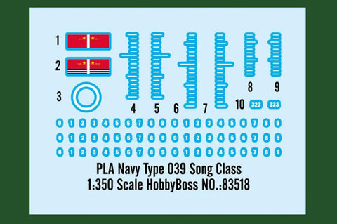 Decal sheet for 1:350 Scale Song Class Submarine Model Kit For Hobbyists 14 Plus with flags and numbering details.