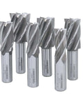 Six Accusize HSS end mills with 3/4 in shanks; 4- and 6-flute, cutting diameters from 3/4 in to 1-1/2 in.