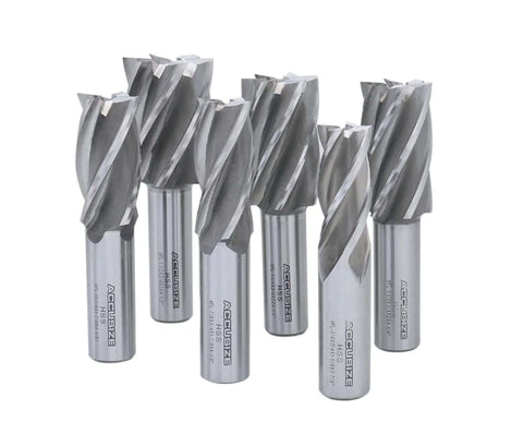 Six Accusize HSS end mills with 3/4 in shanks; 4- and 6-flute, cutting diameters from 3/4 in to 1-1/2 in.