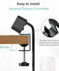 Desk Clamp Power Strip With USB C And USB Ports, 3 Outlets, showing 1.8 inch max clamp on wooden desk edge