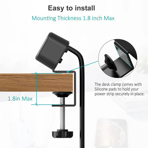 Desk Clamp Power Strip With USB C And USB Ports, 3 Outlets, showing 1.8 inch max clamp on wooden desk edge