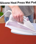 Red 15x15 Inch Silicone Heat Press Pad 0.3 Inch Thick For Heat Transfer Machine Durable Replacement Pad in use with iron