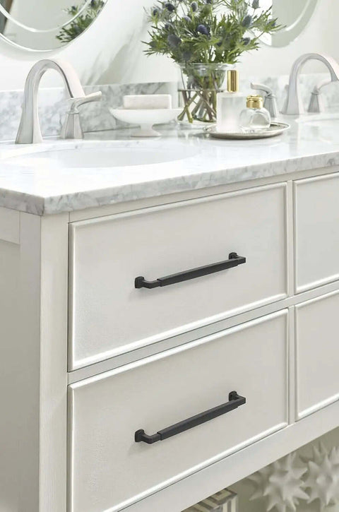 Top Shelf Transitional Matte Black Cabinet Pull And Drawer Handle Crafted For No Sweat Setup On Kitchen Vanities And Dressers With Heavy Duty Metal Body Ensuring A Smooth Grip That Truly Earns Your Trust on white bathroom vanity.