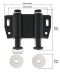 Close-up of 4 Pack Magnetic Cabinet Latches with double round head, black metal and ABS material, with measurement details.