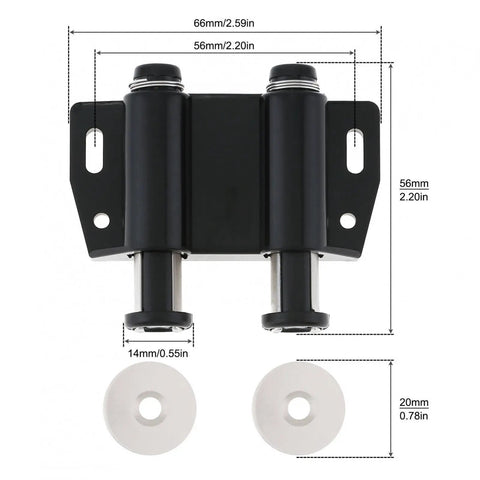 Close-up of 4 Pack Magnetic Cabinet Latches with double round head, black metal and ABS material, with measurement details.
