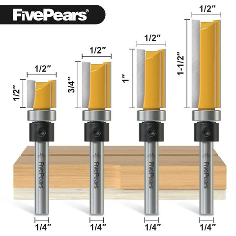 Four Piece Pattern Flush Trim Router Bit Set With One Quarter Inch Shank Top Bearing For Woodworking Durable Carbide Insets