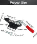 Image showing Adjustable Toggle Clamp With Push Pull Action, 851 Lbs Capacity, High Carbon Steel Construction, Red Finish, dimensions displayed