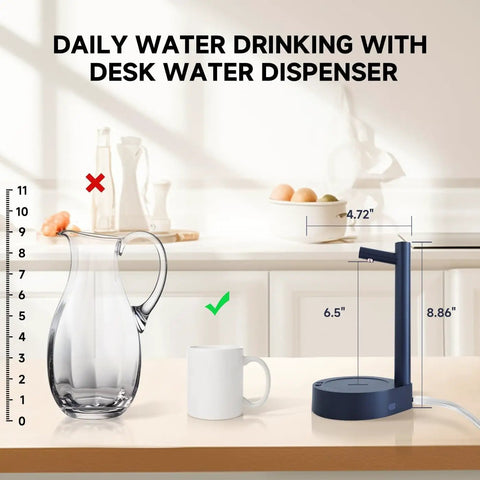 Smart Table Water Dispenser For 5 Gallon Bottle With Desktop Pump next to glass pitcher and mug, size comparisons shown.