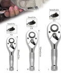 Size comparison of Mini Drive Ratchet Kit With Quick Release And Reversible 72 Tooth Design showing three stubby polished ratchets.