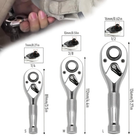 Size comparison of Mini Drive Ratchet Kit With Quick Release And Reversible 72 Tooth Design showing three stubby polished ratchets.