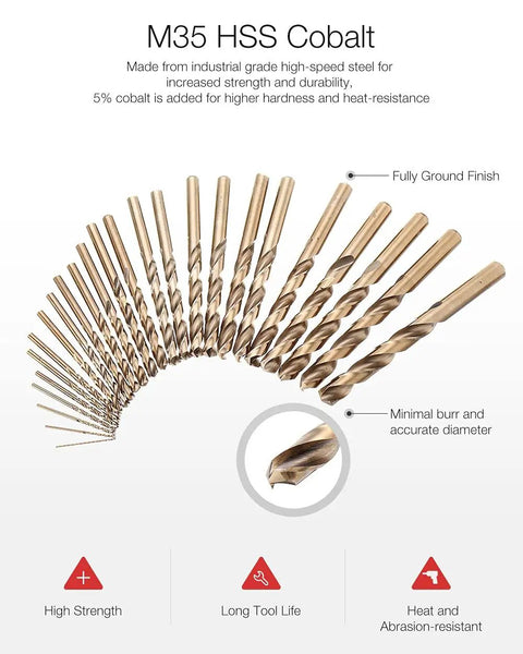 Premium 99 Piece Cobalt Drill Bit Set 1.5 To 10Mm Range Precision Ground For Stainless Steel Wood And Heavy Metal Drilling showing M35 HSS cobalt drill bits.