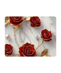 Red and gold roses with pearl details on a marble-textured background