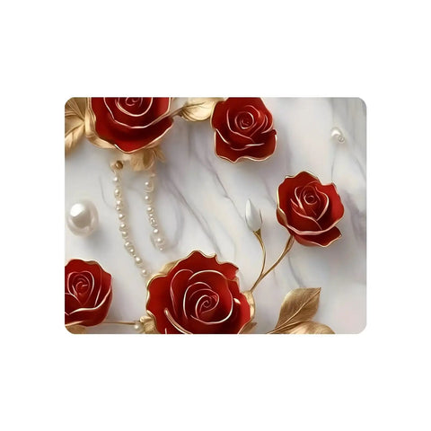 Red and gold roses with pearl details on a marble-textured background