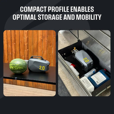 Electric Pressure Washer 2.0 GPM Full Kit With 1800 Peak PSI for DIY shown compact with a watermelon and stored in a drawer.