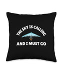 Hang Gliding Throw Pillow For Men And Women With The Sky Is Calling And I Must Go, black background with hang glider graphic.