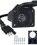 Heavy Duty 4 To 7 Pin Trailer Wire Harness Adapter With Reinforced Mounting Bracket, black socket and wiring harness for RV towing.