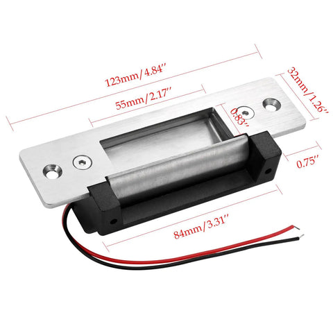 Heavy Duty Electric Door Strike Lock With Adjustable Fail Secure And Fail Safe Modes Showcasing A Slick 12V Hookup and 2200 Lb Hold, detailed view with dimensions.