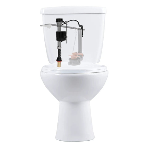 Heavy Duty Brass Shank Universal Toilet Fill Valve With Smooth Water Adjustment Dial And Preinstalled Washer For Real Quick Zero Hassle Swap Job In Matte Black Finish inside toilet tank, showing assembly details.