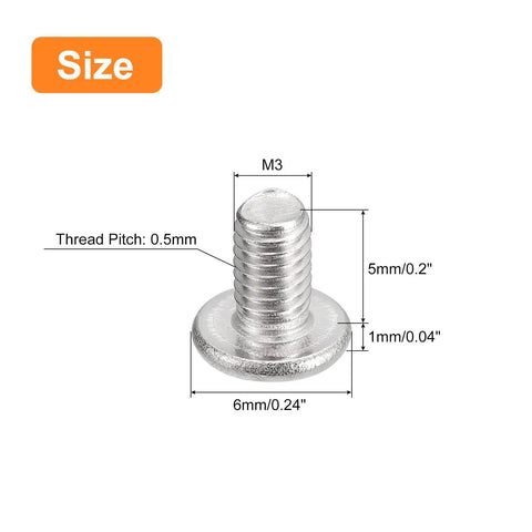 Premium 304 Stainless Steel M3 X 5mm Phillips Drive Machine Screws 100 Pack Flat Round Head fastener shown with dimensions.