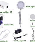 Components of Dimmable LED Under Cabinet Lighting Kit with 6 Ultra Slim Puck Lights, 12V Plug In Adapter, RF Remote Control