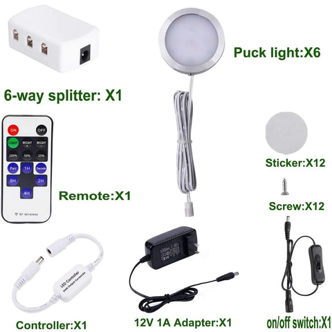 Components of Dimmable LED Under Cabinet Lighting Kit with 6 Ultra Slim Puck Lights, 12V Plug In Adapter, RF Remote Control