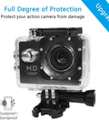 Waterproof Action Camera Case With Same Button Layout Tough As Nails Rugged Submersible Housing front view with camera inside