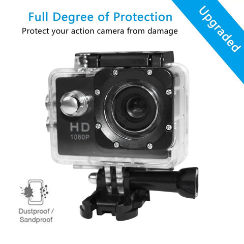 Waterproof Action Camera Case With Same Button Layout Tough As Nails Rugged Submersible Housing front view with camera inside