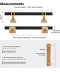 Diagram of 10 Pack 5 Inch Center Hole Black And Gold Cabinet Pulls with 7.5 Inch Length, stainless steel, and screw sizes shown.