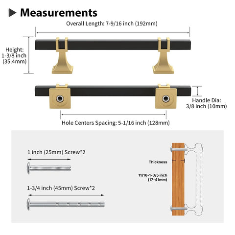 Diagram of 10 Pack 5 Inch Center Hole Black And Gold Cabinet Pulls with 7.5 Inch Length, stainless steel, and screw sizes shown.