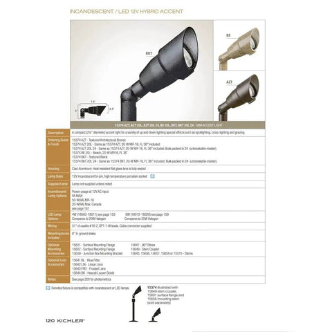 Accent Outdoor 12V Low Voltage Path Light, 1-Light MR-16, Textured Black Finish spec sheet displayed with product images.