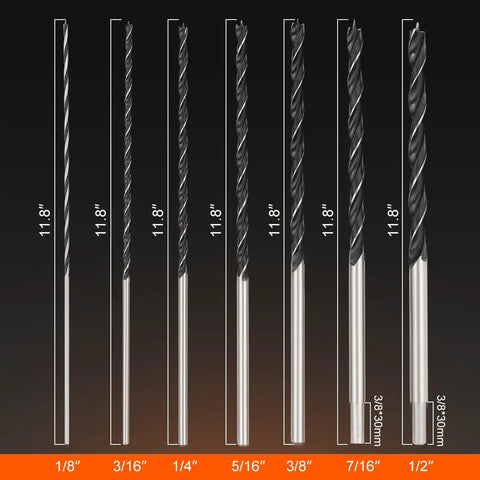 Extra Long Brad Point Drill Bit Set For Hardwood And More, Heavy Duty 12 Inch Carbon Steel Wood Bits, 7 Piece Includes Sizes 1/8" to 1/2"