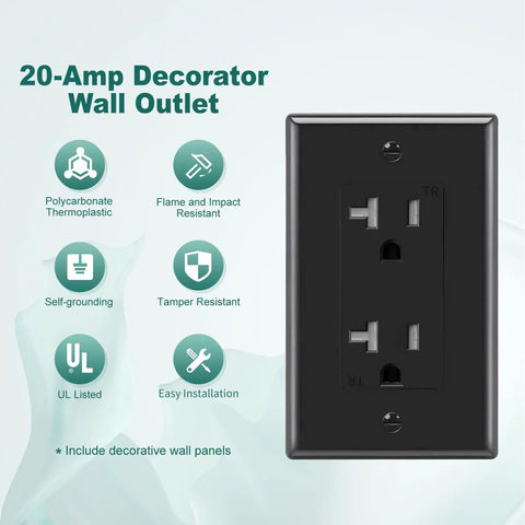 Decorative Receptacle Outlet, Tamper Resistant, 20 Amp 125 Volt, Grounding With Wall Plate, UL Listed, Black Finish, Pack Of 10