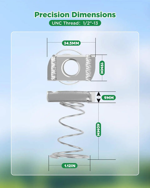 Heavy Duty Strut Channel Spring Nuts With Anti Drop Flared Springs For Quick One Hand Installation In Slotted Frames 1 2 13 Thread Galvanized Steel 50 Piece Pack dimensions showing sizes.