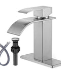 Waterfall Style Brushed Nickel One Hole Bathroom Sink Faucet With Pop Up Drain And Supply Lines, Deck Plate Included, 3 Hole Compatible