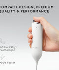 Hand holding Rechargeable Milk Frother Handheld With USB C Charging Stand 2 In 1 Wall Mount And Counter Stand Electric Whisk For Coffee Matcha Lattes And More Mini Foam Maker