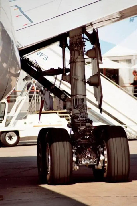 Close-up of landing gear on One Hundred Forty Four Scale Airbus A380 Advanced Model Kit With 163 Pieces, Requires Assembly And Painting.