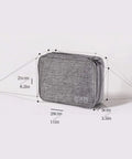 Three Layer Electronics Organizer Carry All Bag For Travel Gear Cable Organizer For iPad Mini Kindle Hard Drives Cables Chargers Grey Durable Nylon With Ample Pockets To Keep All Your Gadgets Neat And Ready showing size dimensions in grey.