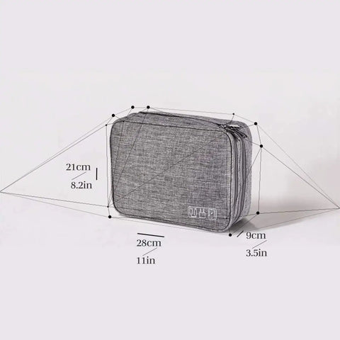 Three Layer Electronics Organizer Carry All Bag For Travel Gear Cable Organizer For iPad Mini Kindle Hard Drives Cables Chargers Grey Durable Nylon With Ample Pockets To Keep All Your Gadgets Neat And Ready showing size dimensions in grey.