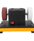 Eujgoov Cordless Mini Bench Grinder with dual 3 inch wheels, portable, black and orange design, for grinding and polishing use.