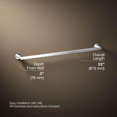 Composed 30-Inch Towel Bar in Polished Chrome With A Tough Tarnish-Resistant Finish, Easy Install, wall mount, dimensions shown
