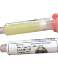 Two clear syringes labeled NC-559-ASM, 10cc, showcasing flux paste for precise PCB BGA soldering rework in electronics repair.
