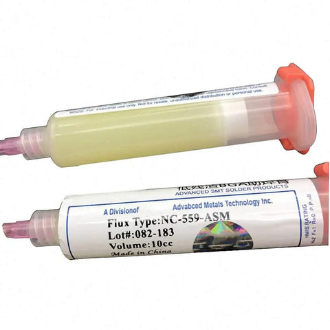Two clear syringes labeled NC-559-ASM, 10cc, showcasing flux paste for precise PCB BGA soldering rework in electronics repair.