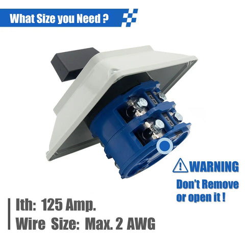 Heavy Duty 660V 125A Rotary Changeover Switch With Exterior IP65 Box, side view showing terminals and warning label.