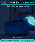 Glow In The Dark 1000ml Male Urinal Bottle With Spill Proof Pop Cap Lid showing glowing cap in dark setting for easy nighttime use