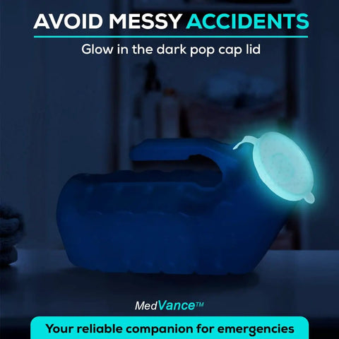 Glow In The Dark 1000ml Male Urinal Bottle With Spill Proof Pop Cap Lid showing glowing cap in dark setting for easy nighttime use